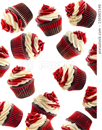 Delicious red velvet cupcakes with red and white frosting, isolated on white background, dessert pattern concept 136965546
