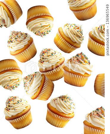 Vanilla cupcakes with creamy frosting and colorful sprinkles, isolated on white background. Concept of sweet dessert treats 136965549