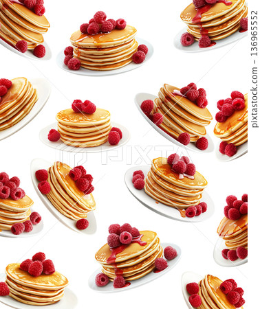 Multiple stacks of pancakes topped with fresh raspberries on ceramic plates, isolated on white background, concept of breakfast Multiple stacks of pancakes topped with fresh raspberries on ceramic plates, isolated on white background, concept of breakfast 136965552