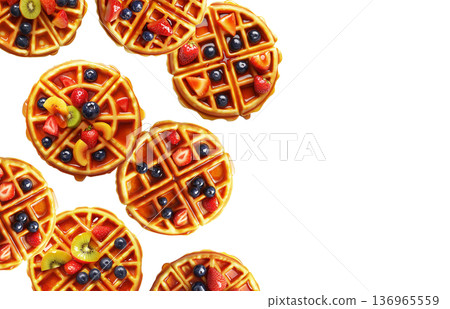 Top view of waffles with mixed fruits isolated on white background, conveying a bright breakfast concept 136965559