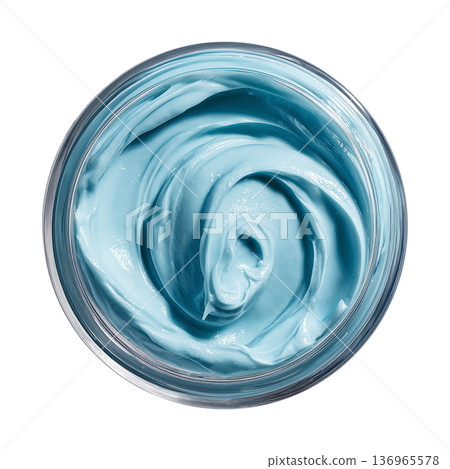 Blue cosmetic cream or butter texture in opened jar from above isolated on white background, concept of skincare hydration 136965578
