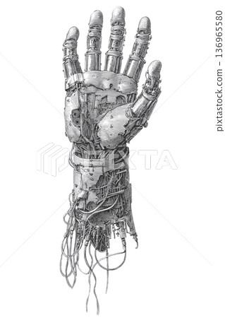 Mechanical cybernetic hand with exposed components in detailed sketch style on white background, concept of advanced robotics Mechanical cybernetic hand with exposed components in detailed sketch style on white background, concept of advanced robotics 136965580