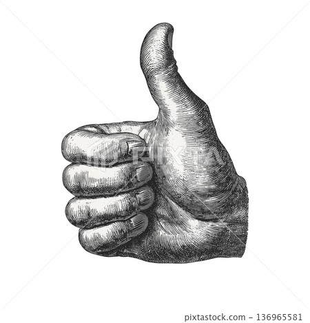 Engraved thumbs up hand in detailed vintage style isolated on white background symbolizing approval and positivity message Engraved thumbs up hand in detailed vintage style isolated on white background symbolizing approval and positivity message 136965581