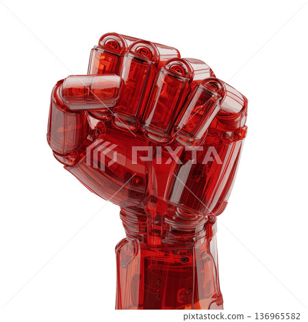 Red transparent mechanical fist shown close-up in glossy style isolated on white background, symbolizing strength and innovation 136965582