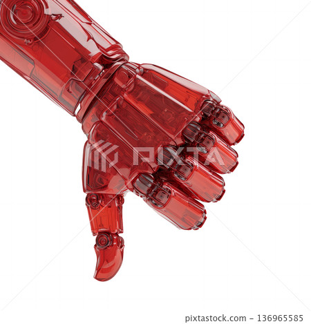 Red transparent robotic hand showing thumbs down in glossy style isolated on white background symbolizing strong disapproval 136965585