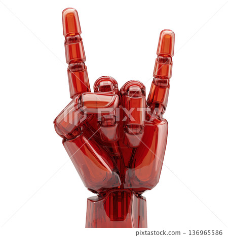 Red translucent robotic hand in rock sign, glossy style isolated on white background, symbolizing energy and bold expression Red translucent robotic hand in rock sign, glossy style isolated on white background, symbolizing energy and bold expression 136965586
