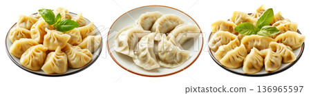 Steamed mandu dumplings placed in circular pattern on ceramic plate, isolated on white transparent background Steamed mandu dumplings placed in circular pattern on ceramic plate, isolated on white transparent background 136965597