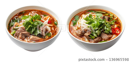 Vietnamese beef noodle soup Bun Bo Hue with herbs, lime slice, and rice noodles in broth isolated on white background 136965598