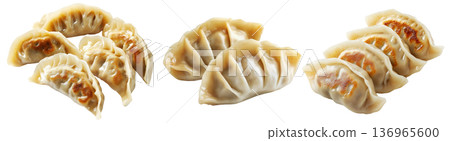 Pan-fried or steamed dumplings Jiaoz with golden crispy bottoms, isolated on white background, concept of Asian cuisine 136965600