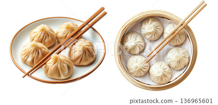 Steamed dumplings Xiao Long Bao in a bamboo steamer isolated on white background, concept of Asian traditional cuisine Steamed dumplings Xiao Long Bao in a bamboo steamer isolated on white background, concept of Asian traditional cuisine 136965601