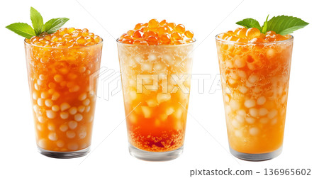 Orange bubble tea Filipino Sagot Gulaman filled with tapioca pearls and topped with mint, isolated on white background. 136965602