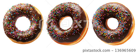 Tasty donut covered in glossy chocolate glaze with vibrant sprinkles isolated on white background. 136965609