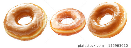 Tasty round donut topped with caramel and vanilla glaze swirl, isolated on white transparent background Tasty round donut topped with caramel and vanilla glaze swirl, isolated on white transparent background 136965610