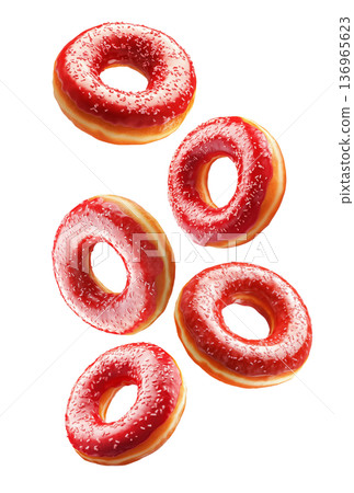 Delicious red glazed donuts with chocolate drizzle isolated on white background, concept of sweet bakery desserts Delicious red glazed donuts with chocolate drizzle isolated on white background, concept of sweet bakery desserts 136965623