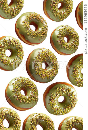 Multiple pistachio glazed donuts with crushed nuts isolated on a white background, concept of sweet bakery treats 136965626