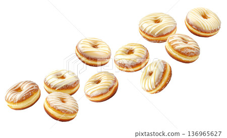 Delicious glazed donuts with white icing stripes scattered in pattern, isolated on white background, concept of dessert variety 136965627