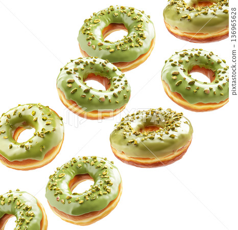 Multiple pistachio glazed donuts with crushed nuts isolated on a white background, concept of sweet bakery treats 136965628