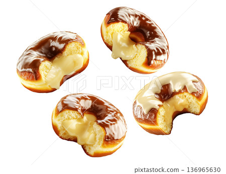 Delicious cream filled donuts with chocolate and vanilla glaze, isolated on white background, concept of sweet dessert indulgence Delicious cream filled donuts with chocolate and vanilla glaze, isolated on white background, concept of sweet dessert indulgence 136965630