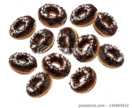 Multiple chocolate glazed donuts with chocolate sprinkles isolated on a white background, concept of sweet dessert snack 136965632