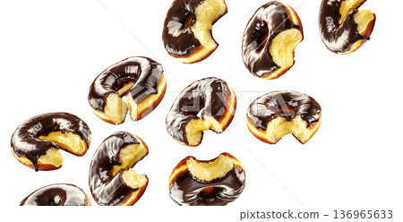 Chocolate glazed cream filled donuts with visible bite marks, isolated on white background. Concept of sweet dessert pattern Chocolate glazed cream filled donuts with visible bite marks, isolated on white background. Concept of sweet dessert pattern 136965633