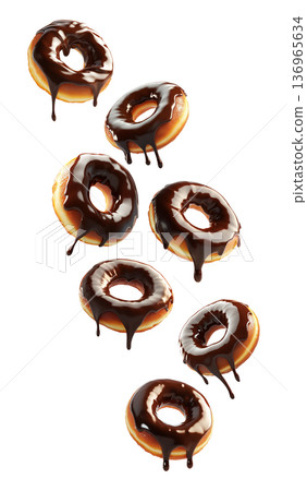 Multiple chocolate covered donuts scattered in a seamless pattern, isolated on white background, concept of sweet dessert 136965634