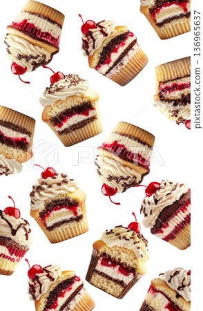 Assorted cupcakes with cream frosting, cherry topping, and chocolate drizzle on white background. Concept of sweet dessert pattern 136965637