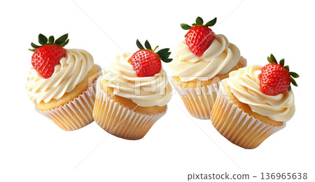 Multiple strawberry cupcakes with swirled cream frosting isolated on white background, sweet dessert or baking pattern Multiple strawberry cupcakes with swirled cream frosting isolated on white background, sweet dessert or baking pattern 136965638