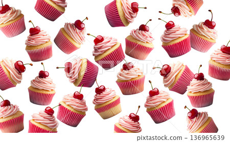 Multiple pink frosted cupcakes with cherries scattered and isolated on a white background, concept of dessert or pastry pattern Multiple pink frosted cupcakes with cherries scattered and isolated on a white background, concept of dessert or pastry pattern 136965639