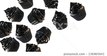Multiple glossy black chocolate cupcakes scattered in seamless pattern, on white background, concept of modern dessert aesthetics 136965641