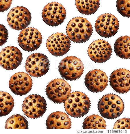 Multiple chocolate chip muffins arranged in a scattered pattern, isolated on white background, concept of bakery treats 136965643