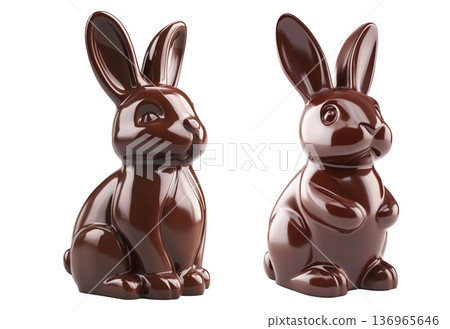 Set of chocolate bunny figurine with glossy surface, isolated on white transparent background. Easter and confectionery concept 136965646