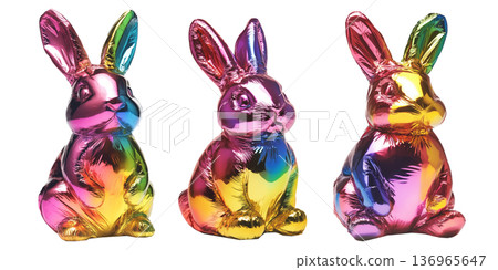 Set of metallic rabbit shaped balloon with vibrant colors including pink, gold, blue, and green, on white transparent background 136965647