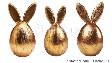 Set of Golden foil wrapped Easter chocolate shaped like a bunny with ears, isolated on white transparent background Set of Golden foil wrapped Easter chocolate shaped like a bunny with ears, isolated on white transparent background 136965651