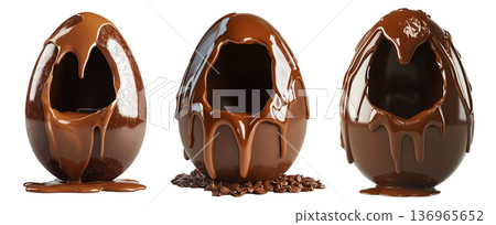 Set of Cracked Easter chocolate egg with hollow center, isolated on white transparent background. Festive holiday candy concept 136965652