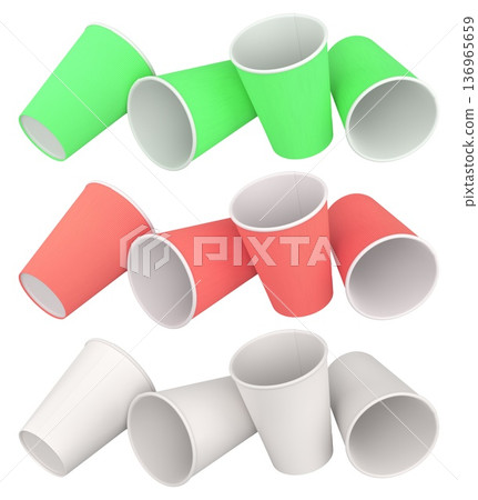 Set of disposable paper cups placed in rows, isolated on white background, concept of party supplies 136965659