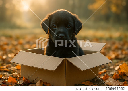 Cute Black Labrador Puppy Sitting In Cardboard Box Outdoors In Autumn 136965662