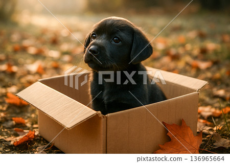 Black Labrador Puppy Sitting In Cardboard Box With Autumn Leaves 136965664