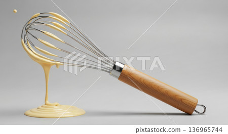 Whisk with wooden handle dripping batter on a smooth surface, showcasing a splash of liquid 136965744