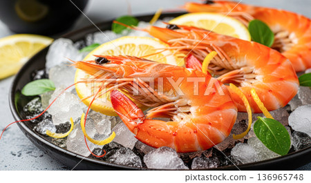 Freshly prepared shrimp on ice with lemon slices and herbs in a black serving platter, garnished for an elegant seafood presentation 136965748