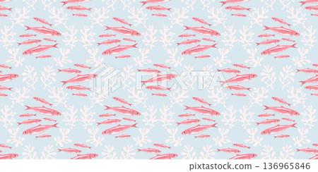Seamless pattern with pink sardines fish and lattice design coral reef. School of swimming fishes on pastel blue color background. Marine style underwater repeating wallpaper or textile Seamless pattern with pink sardines fish and lattice design coral reef. School of swimming fishes on pastel blue color background. Marine style underwater repeating wallpaper or textile 136965846