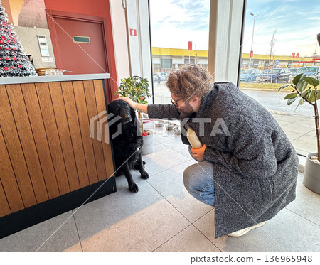 Man stroking black dog inside cafe near window. Human animal bond, companionship care, kindness gesture, everyday urban life concept 136965948
