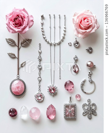 Elegant Jewelry Composition with Pink Roses and Sparkling Gemstones 136966769