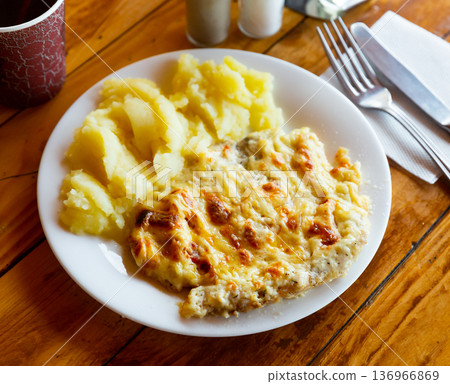 National Russian dish chicken fillet with mushrooms with mashed potatoes 136966869