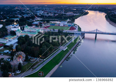 Summer aerial view of Tver on Volga river at dusk Summer aerial view of Tver on Volga river at dusk 136966892
