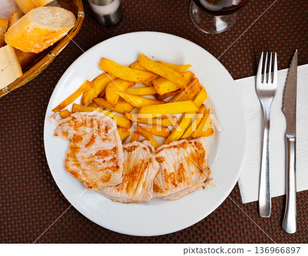 Fried juicy pork with boiled potatoes served on plate Fried juicy pork with boiled potatoes served on plate 136966897