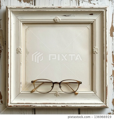 Vintage Square White Wooden Frame with Eyeglasses on Rustic Table 136966919