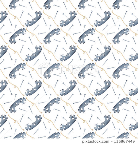 Diagonal seamless pattern with a metal bicycle wrench, a length of jute rope and self-tapping screws on an isolated background. Watercolor illustration with working tools. A realistic template with 136967449