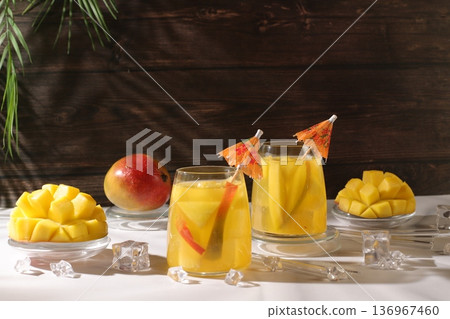 Frozen lemonade or juice with mango slices, mojito with tequila, lemon, and ice, bar and party concept, restaurant and cafe advertising card, restaurant menu, house party advertising banner 136967460