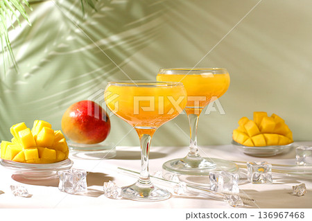 Frozen mojito with tequila, lemon, and ice, lemonade, or juice with mango slices, bar and party concept, restaurant and cafe advertising card, restaurant menu, house party advertising banner Frozen mojito with tequila, lemon, and ice, lemonade, or juice with mango slices, bar and party concept, restaurant and cafe advertising card, restaurant menu, house party advertising banner 136967468