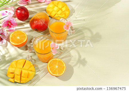 Frozen mojito with tequila, lemon, and ice, lemonade, or juice with mango slices, bar and party concept, restaurant and cafe advertising card, restaurant menu, house party advertising banner 136967475